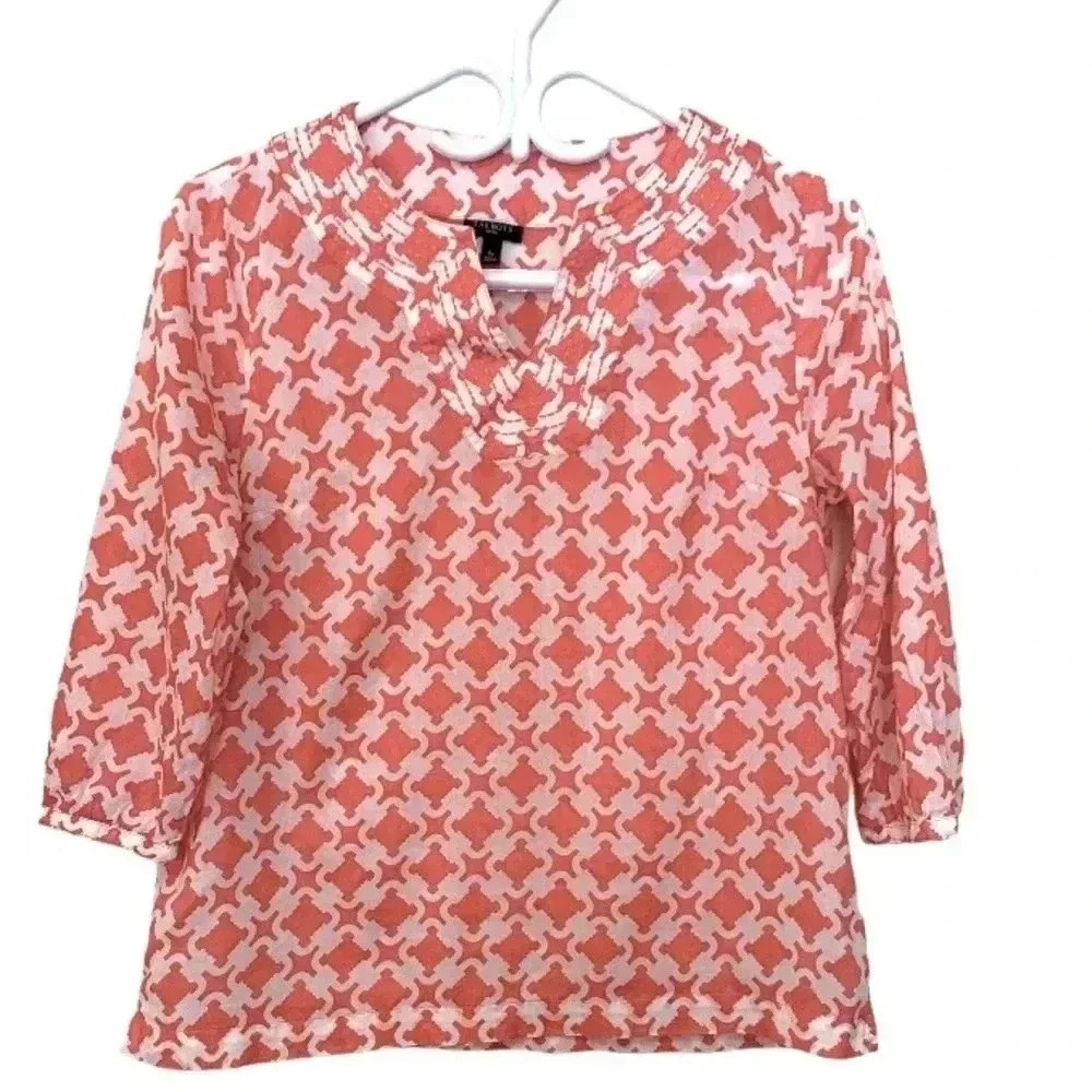 Talbots petite opaque light weight, 3/4 sleeve, 100% cotton tunic, peach&white